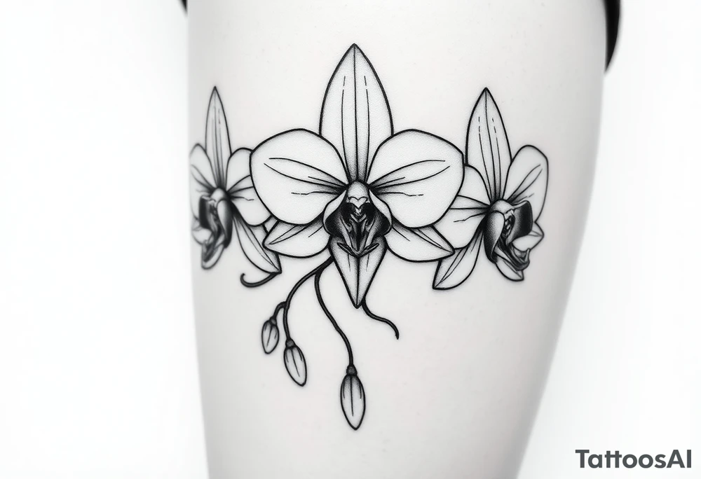 Draw of three fine line orchids different size realistic, the central part resembles a vagina. Are connected with branches that appears a mix with drops and seeds tattoo idea