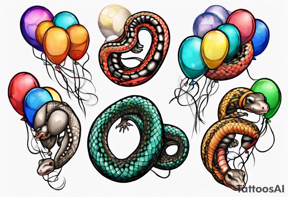 ballpython sorrounded by colored balloons tattoo idea