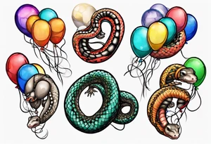 ballpython sorrounded by colored balloons tattoo idea