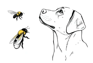 brown lab looking up at a bumble bee like it’s almost about to sniff it but they’re not touching. all black ink and fine line. tattoo idea