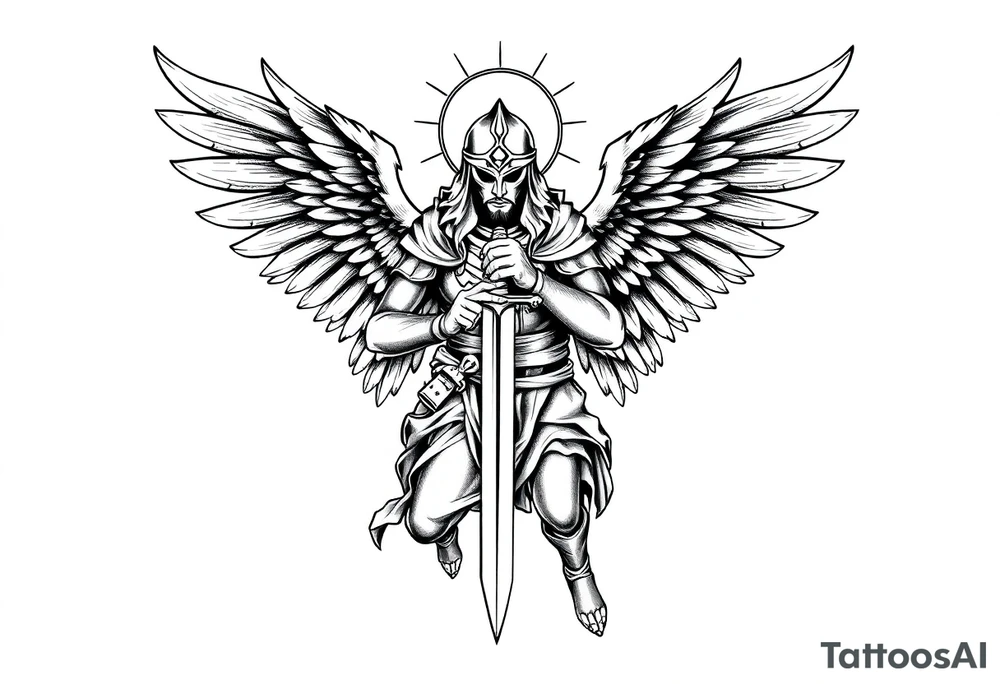 Holy Archangel, Biblical, Christianity, Hebrew, Guards of Christianity, Holding a sword, having six wings, wearing helmet, halo, seraphim, seek justice, walk only with God tattoo idea