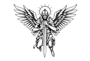 Holy Archangel, Biblical, Christianity, Hebrew, Guards of Christianity, Holding a sword, having six wings, wearing helmet, halo, seraphim, seek justice, walk only with God tattoo idea