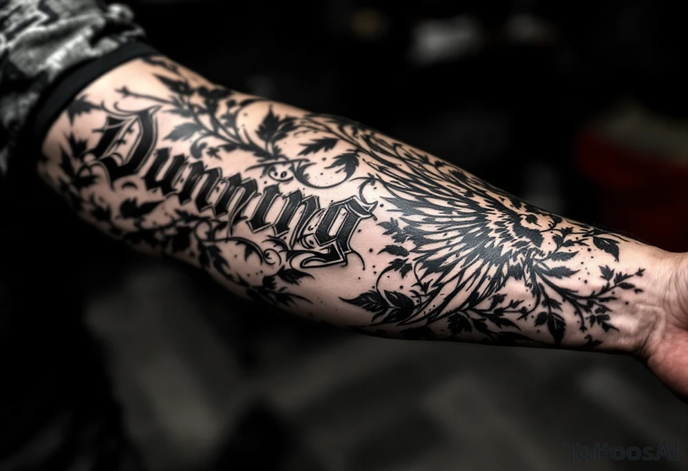 Dunning, left forearm details include angel wing, greek type of font,jungle leaves , tiger claw scratch tattoo idea