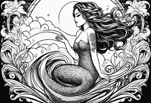 Mermaid full body, curvy, one arm up in the air, smiling tattoo idea