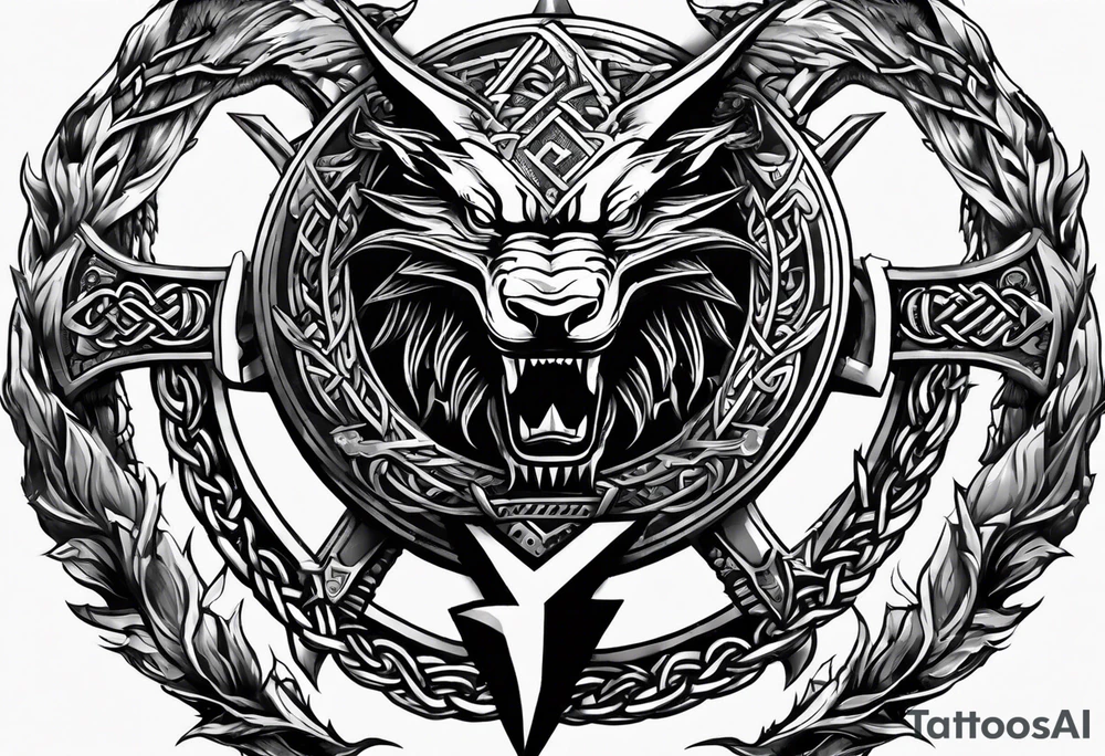 Valhalla sword shield dragon axe Valknut barbed wire chains tattoo idea