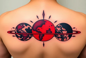 three horizontal planets. Color Black and red with more black tattoo idea