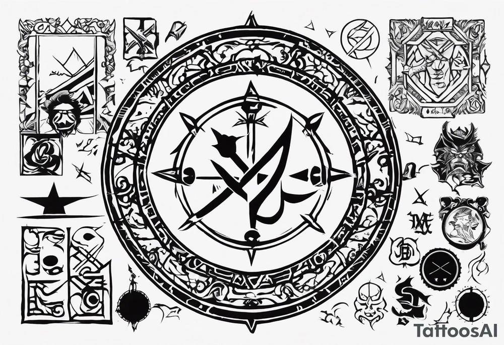 design me a tatoo for my fore arm inculde anime elements of one piece zoro  and vinland saga include gaming elements of old school games of rockstar games max payne and tekken include metal band and rock elements like nirvana mattlica ac dc deep purple pinkfloyd tattoo idea
