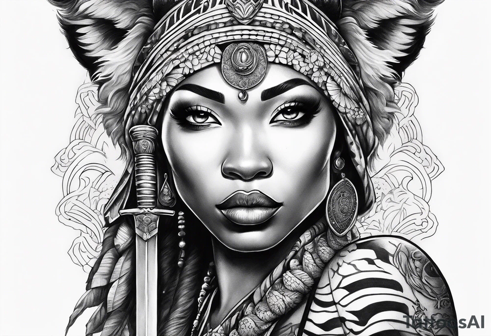 African goddess with sword Japanese traditional style full sleeve with tiger tattoo tattoo idea