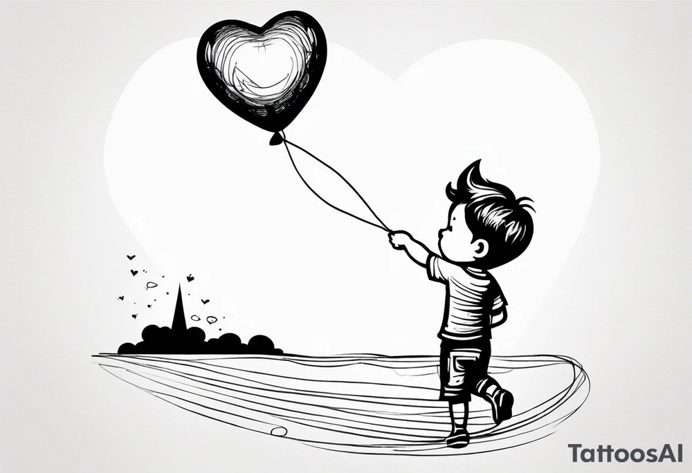 tatoo in sketch style only.
A little boy is holding a string to the hearth shaped small party baloon.
boy should be drawed from behind and has one hand reaching up in 45 degree angle and holding the baloon string
On the string is a big wave look like a hearbeat pulse.
draw it without any scenery. tattoo idea