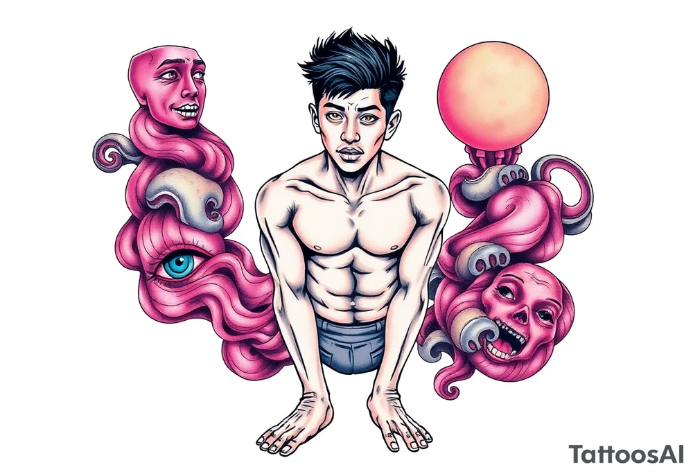 Handsome Asian young guy is standing on his knees upset tattoo idea