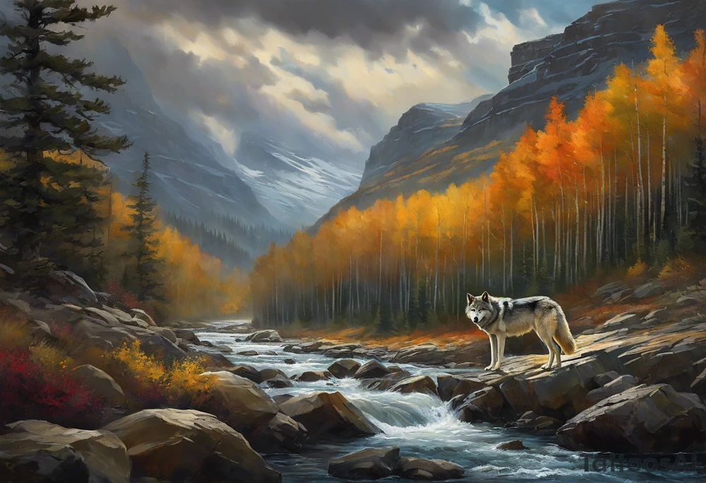 solitary wolf navigating through a rugged, detailed terrain, with each element meticulously shaded to capture the essence of life's struggles. The wolf's intense gaze conveys determination and resilience, while the landscape around it mirrors the challenges faced – rocky cliffs, turbulent rivers, and stormy skies. Subtle touches of color add depth and dimension, enhancing the realism of the design. Alongside the wolf, the phrase "Strength in Adversity" is delicately scripted, tying together the theme of overcoming life's battles with authenticity and grace. tattoo idea