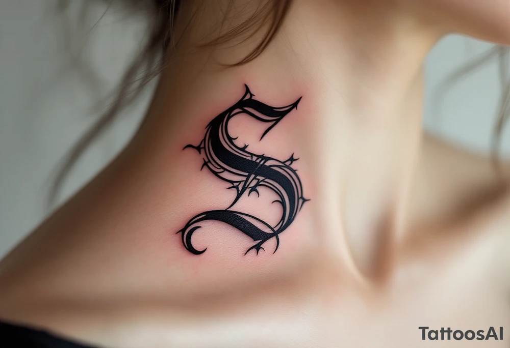 A bold black gothic-style "S" with dark red shadowing and sharp ornamental curves. tattoo idea