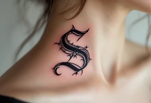 A bold black gothic-style "S" with dark red shadowing and sharp ornamental curves. tattoo idea
