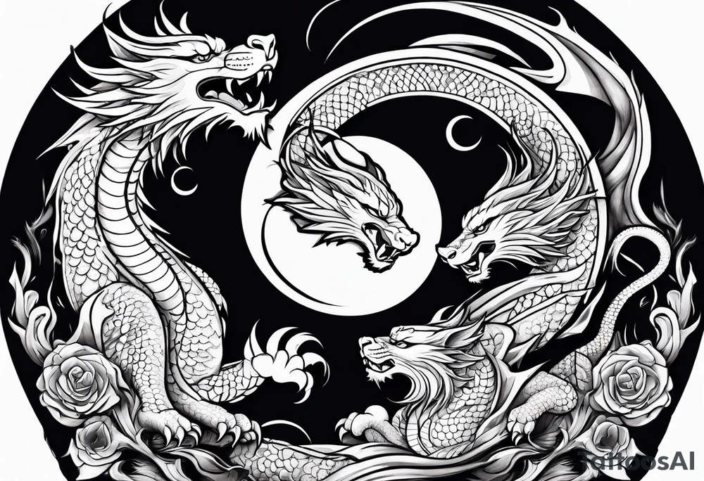 Dragon and tiger fighting on a yin yang plate tattoo idea