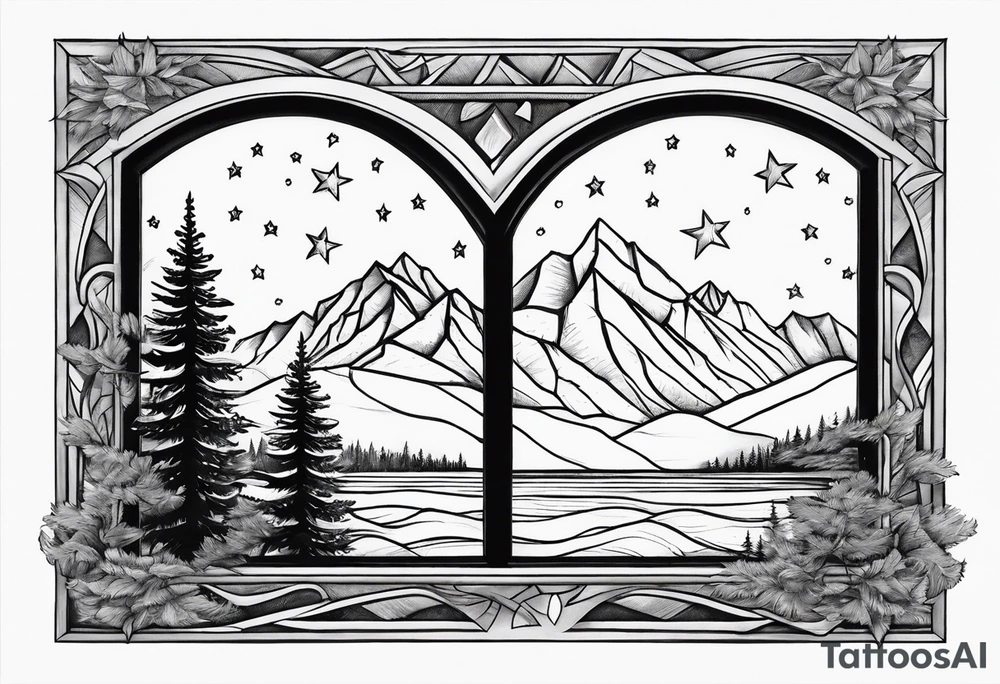 A diamond window showing 3 stars above a mountain. Waves underneath, trees to the sides tattoo idea