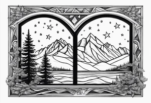 A diamond window showing 3 stars above a mountain. Waves underneath, trees to the sides tattoo idea