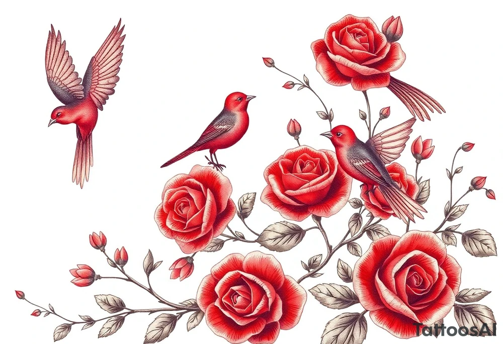 Vintage lace, red roses, red birds, vintage tattoo idea