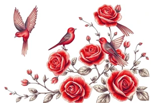 Vintage lace, red roses, red birds, vintage tattoo idea