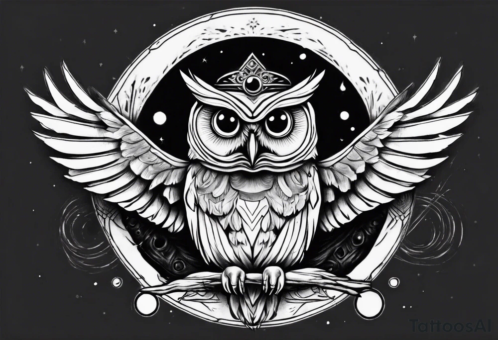 Wise Crowned Owl with the third eye flying towards the Dark Moon. Shoulder tattoo idea