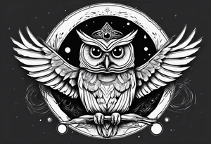 Wise Crowned Owl with the third eye flying towards the Dark Moon. Shoulder tattoo idea