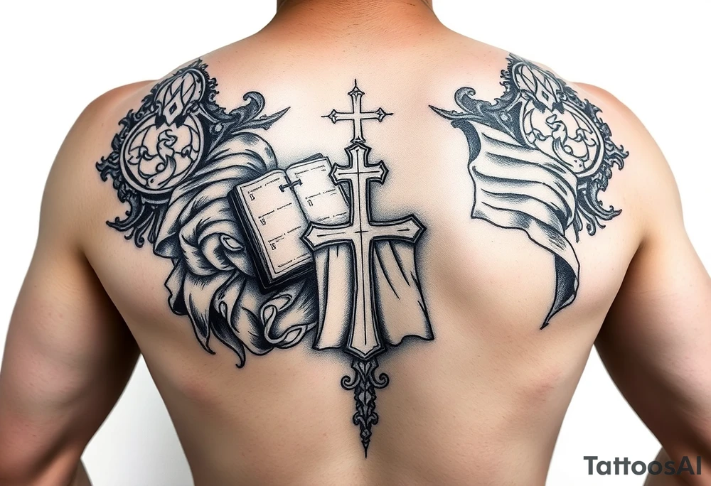 Forearm bracer incorporating the Bible, stained glass, the Christian flag, and Protestant themes tattoo idea