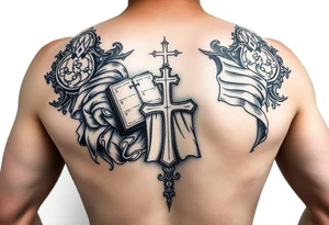 Forearm bracer incorporating the Bible, stained glass, the Christian flag, and Protestant themes tattoo idea