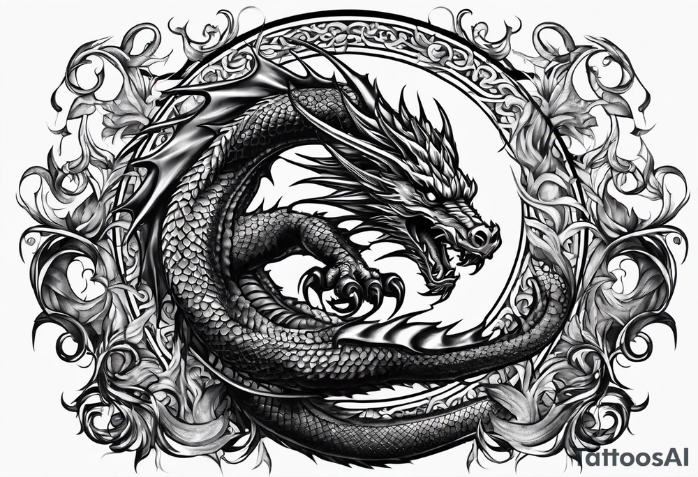 a medieval and powerfull  black dragon, fling tattoo idea