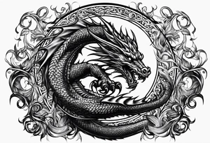 a medieval and powerfull  black dragon, fling tattoo idea