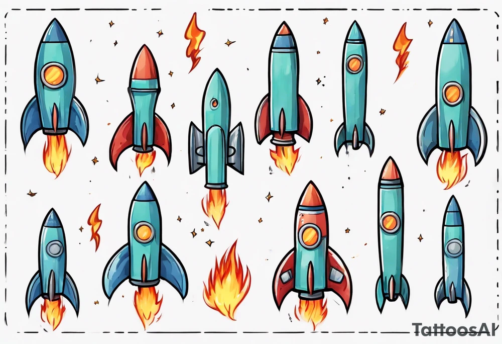 Super simple cartoon rocket ship with a round window, 3 fins, and fire coming out the bottom

Add some shading and detail to make less basic

Rocket should be green with blue accents tattoo idea