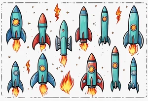Super simple cartoon rocket ship with a round window, 3 fins, and fire coming out the bottom

Add some shading and detail to make less basic

Rocket should be green with blue accents tattoo idea
