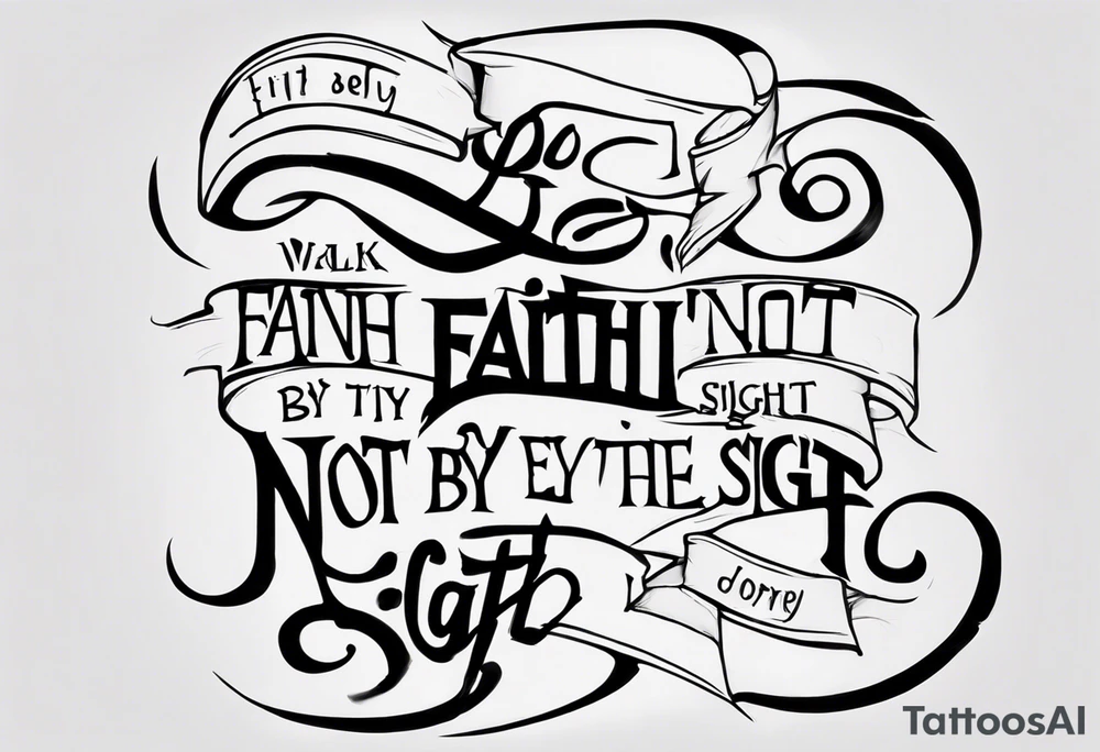 Horizontal inner bicep tattoo. “walk by faith, not by sight” stairwell wrapping around the quote. This design captures the essence of the journey guided by faith. tattoo idea