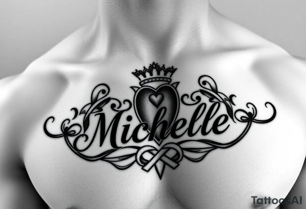 Design a tattoo for a man’s chest of a woman’s name (Michelle). There should be a claddagh and a Celtic knot entertwined. The bane Michelle should be in calligraphy and there should be a Celtic Irish tone tattoo idea