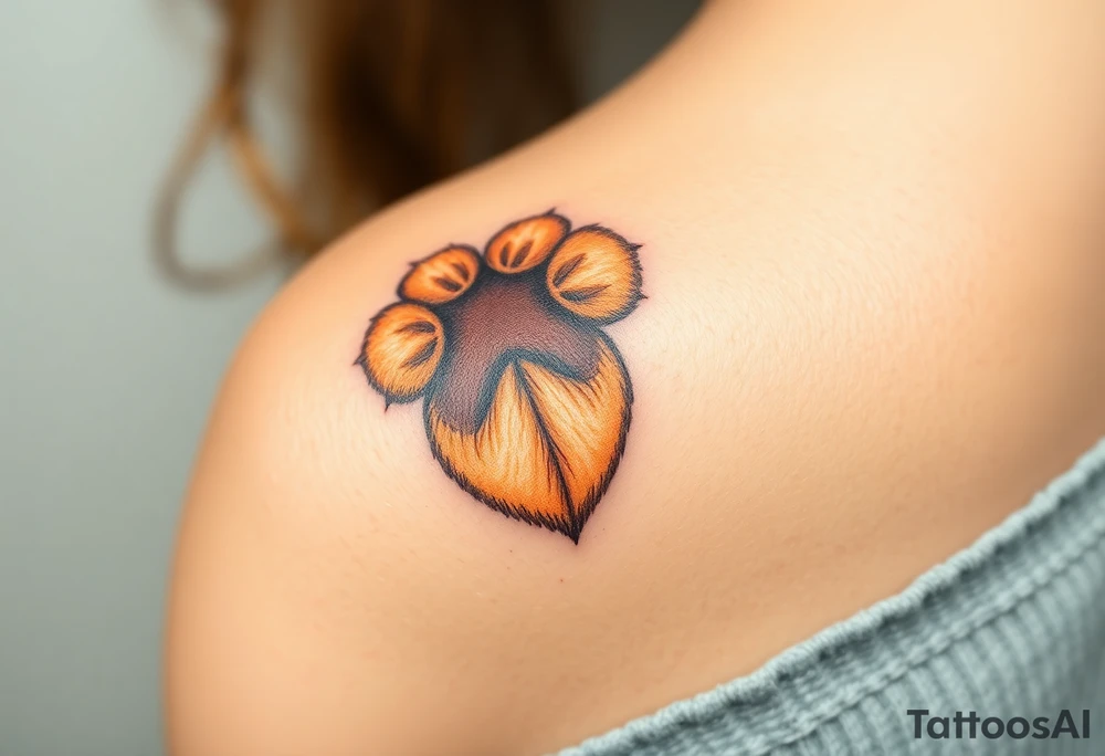 dog paw with fine fur details and warm shades of golden brown, caramel, and soft beige for a lifelike effect in a shape of heart tattoo idea
