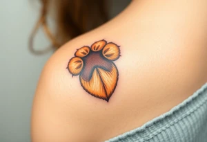 dog paw with fine fur details and warm shades of golden brown, caramel, and soft beige for a lifelike effect in a shape of heart tattoo idea