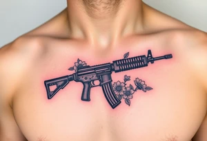 ak 47 black silhouette with floreal details tattoo idea