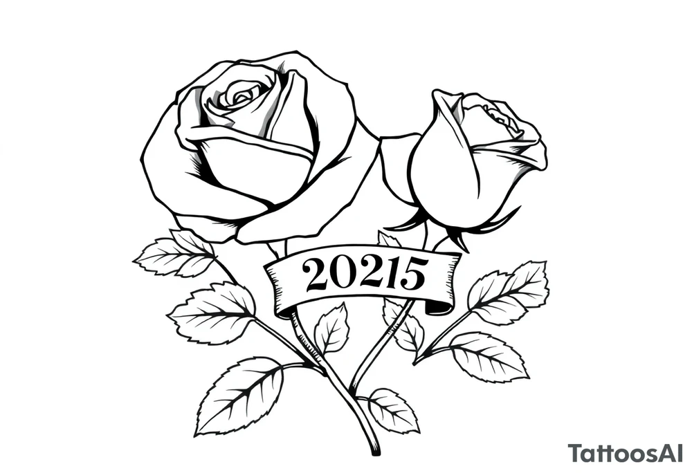 two beautiful large rose buds, one larger than the other, with many leaves next to the rose buds, with one sitting higher than the other. Include a banner connecting the two roses with the year "2025" on it.   Use dark outlines with little shading. The two stems should be short, not long, and connect and join into one stem, whimsically curved or twisted - not straight down. tattoo idea