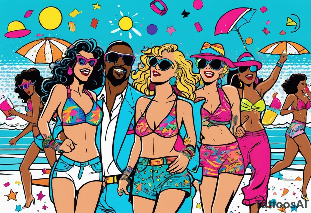 1980's miami vice style beach dance 
party, include confetti, music notes, boom box, bikinis tattoo idea