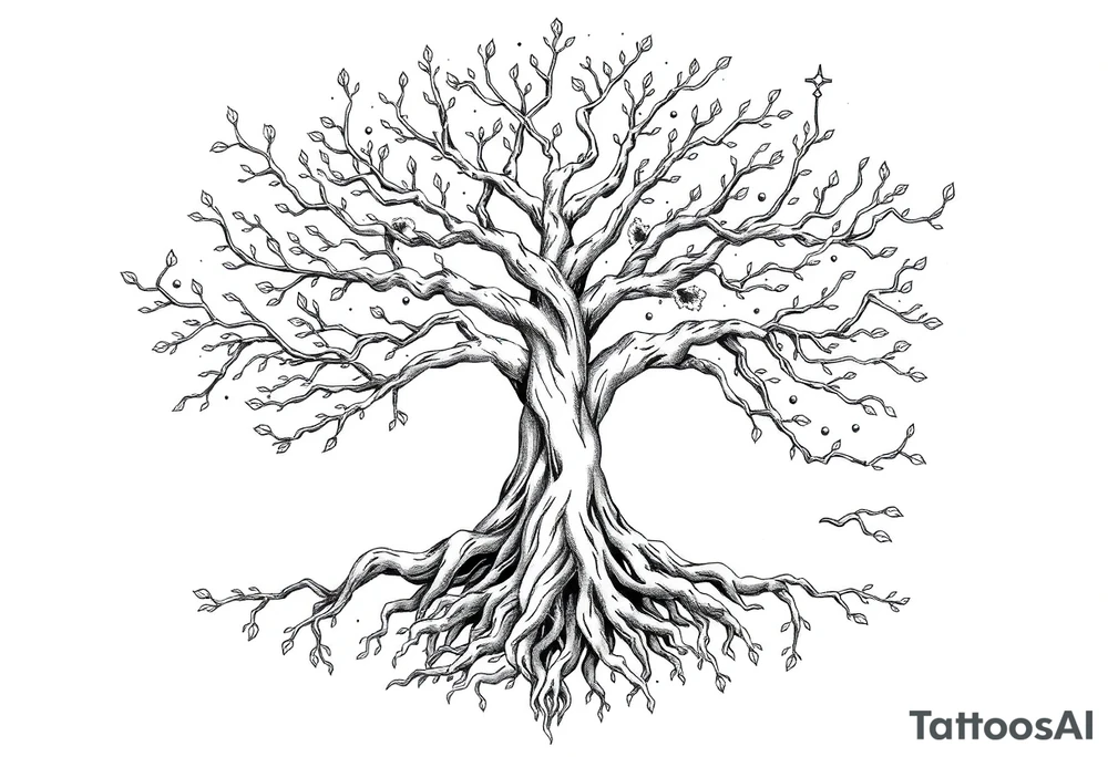 mystical tree of life with cosmic roots and celestial branches tattoo idea