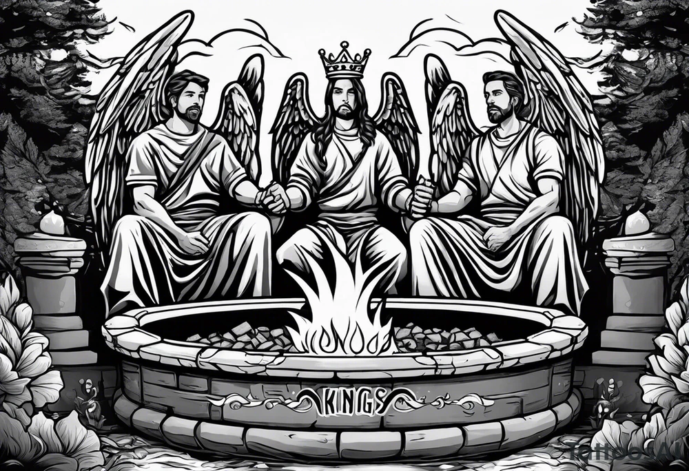 3 men holding hands in a big fire pit with an angel in the background with the word kings on top of it with a crown on top of that tattoo idea