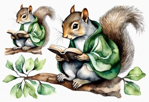 a female grey squirrel dressed in a grey and green tunic sitting on a tree branch reading an ancient tome tattoo idea