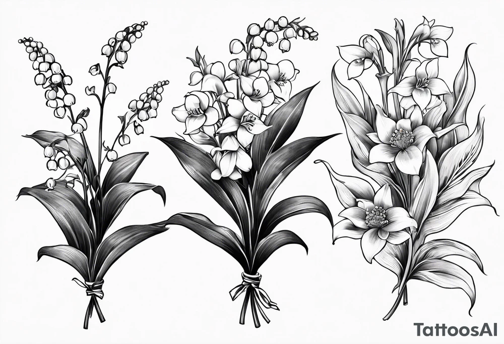Small bunch. 1 Lily of the valley. 1 Marigold, 1 chrysanthemum, and 1 Lily combined together vertically with small leaves and vines tattoo idea