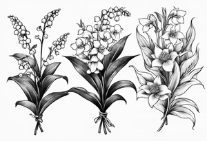 Small bunch. 1 Lily of the valley. 1 Marigold, 1 chrysanthemum, and 1 Lily combined together vertically with small leaves and vines tattoo idea