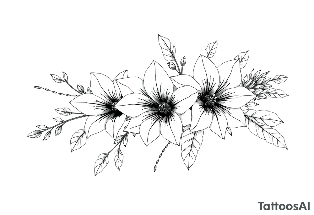 floral composition for sleeve of lycoris flowers with japanese vibe, mutiple ornemental patern and leaf, dot geometric ornement, tattoo idea