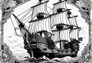 Queen Anne's Revenge pirate ship with captain Blackbeard tattoo idea