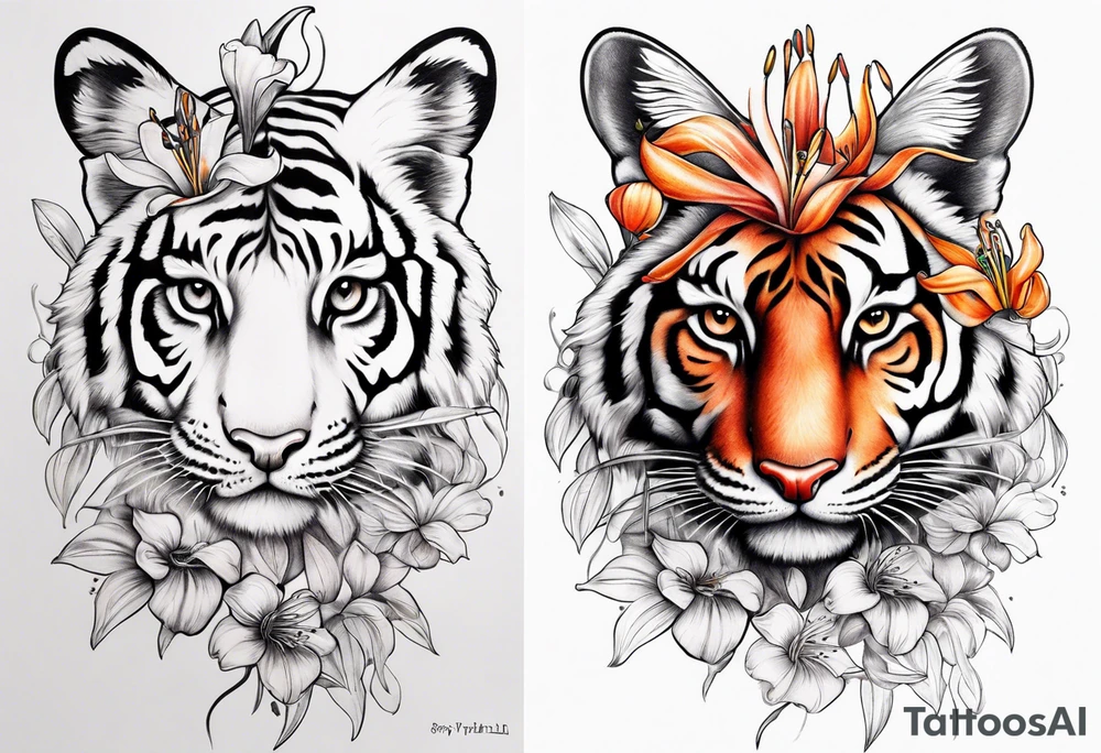 puffin tiger lily flowers vertical calf tattoo tattoo idea