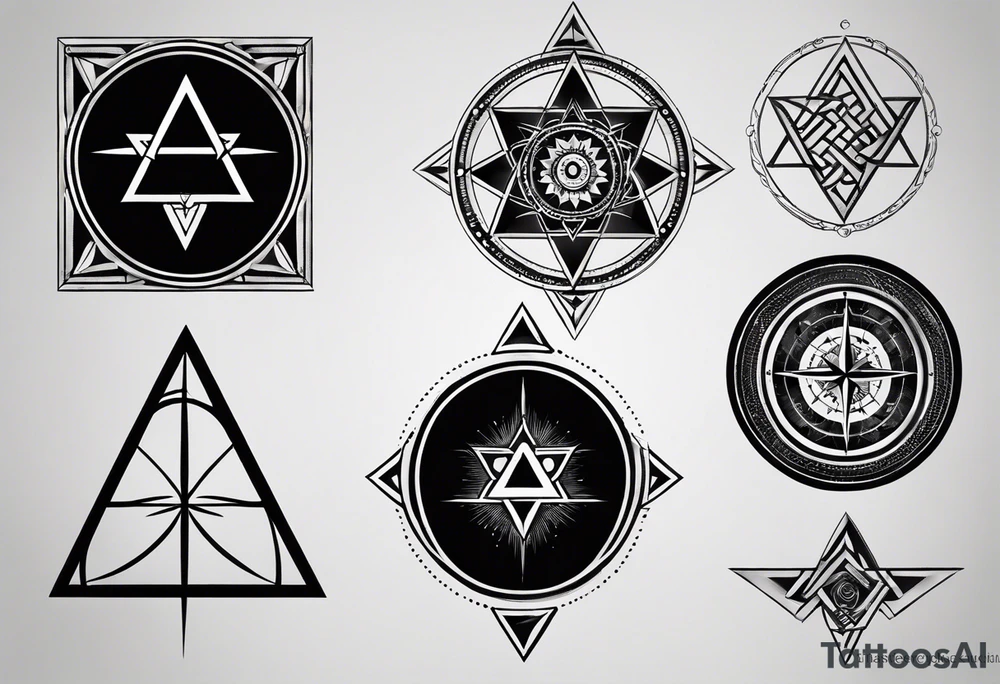 “Generate a minimalist tattoo design with three filled-in shapes arranged in a triangle formation. The top shape should be a geometric heart representing health, the bottom left a compass rose symbolizing purpose, and the bottom right three circles forming a triangle to signify family. The design should focus solely on the filled-in shapes without any additional ornaments, emphasizing simplicity and clean lines.” tattoo idea