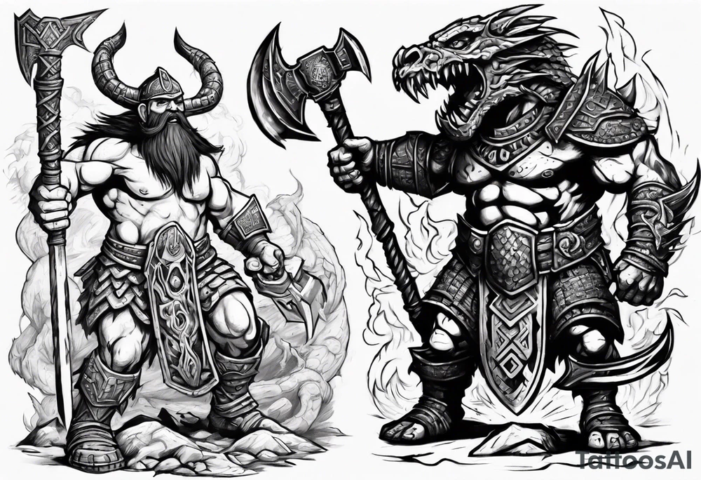 dwarven warrior with a war axe and Aztec warrior fighting side by side against a dragon in the pit of hell tattoo idea