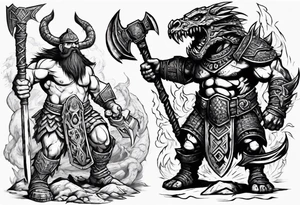 dwarven warrior with a war axe and Aztec warrior fighting side by side against a dragon in the pit of hell tattoo idea