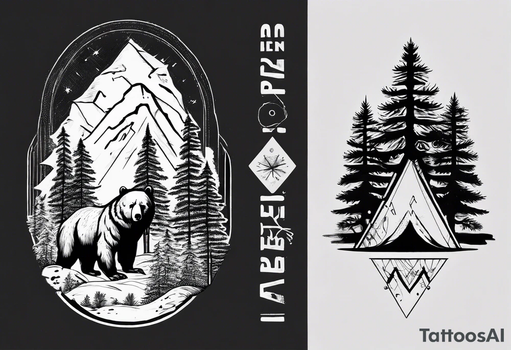 Standing bear fine line with armband. Pine trees with script. Add a eye with dot work lines coming out from the eye. tattoo idea Standing bear fine line with armband. Pine trees with script. Add a eye with dot work lines coming out from the eye. tattoo idea