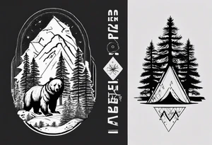 Standing bear fine line with armband.  Pine trees with script.  Add a eye with dot work lines coming out from the eye. tattoo idea